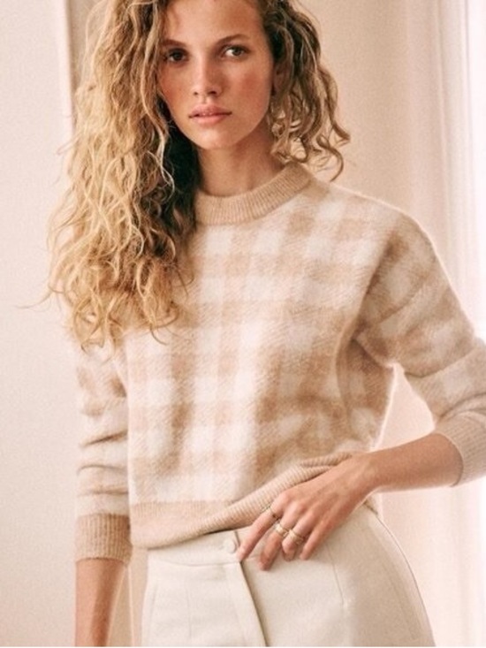 Sezane Sweaters - Sezane Sz M Becky Tan Checker Baby Alpaca Blend Relaxed Sweater
